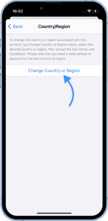 Click on "change country or region" and agree to the terms.