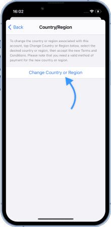 Click on "change country or region" and agree to the terms.